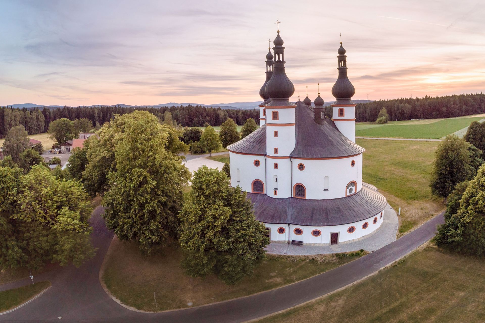 Kappl Sanctuary of the Holy Trinity in the field with forest background, aerial, Waldsassen, Germany