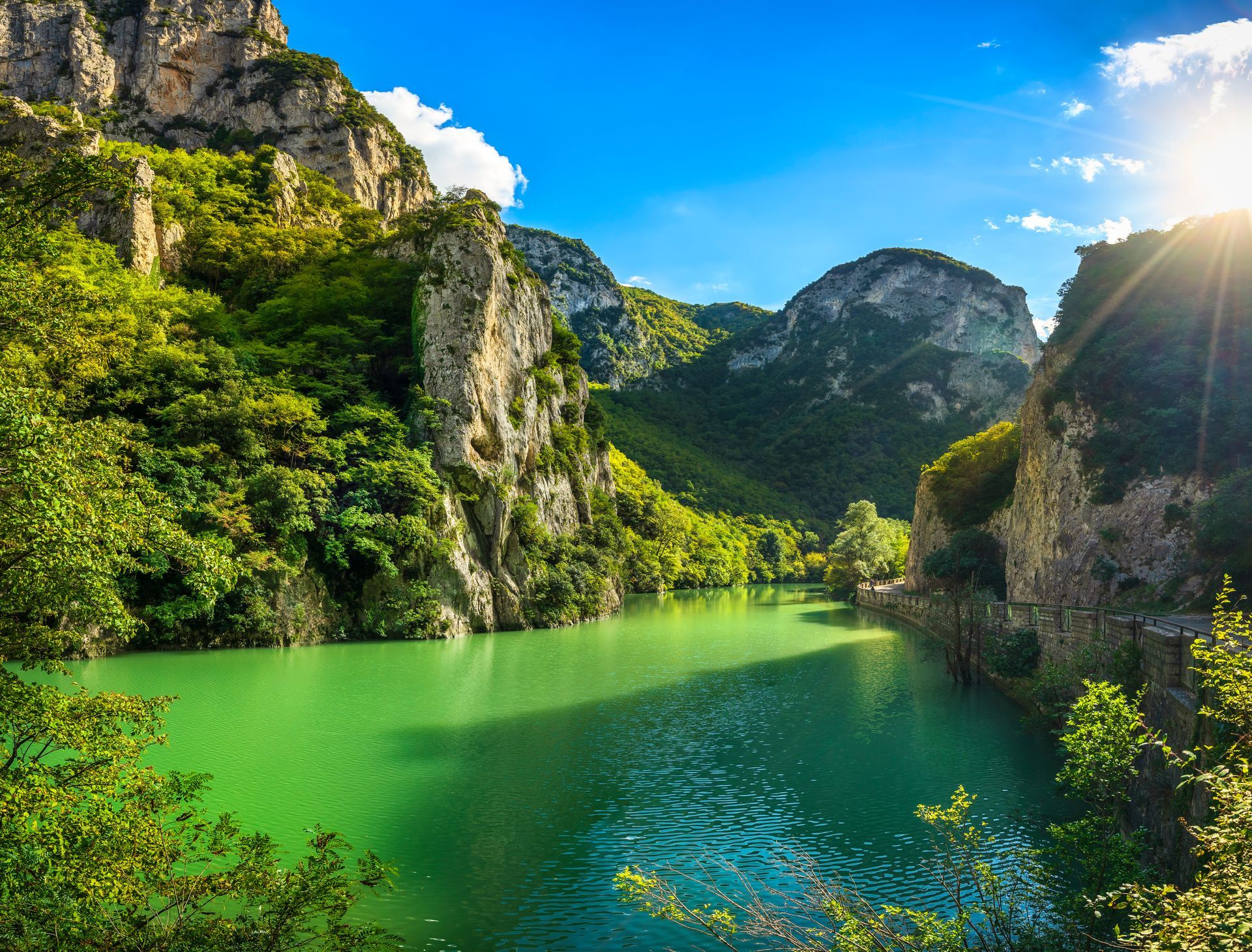 Furlo Pass or Gola del Furlo, road, river and gorge on the ancient Roman road Via Flaminia. Marche Italy.