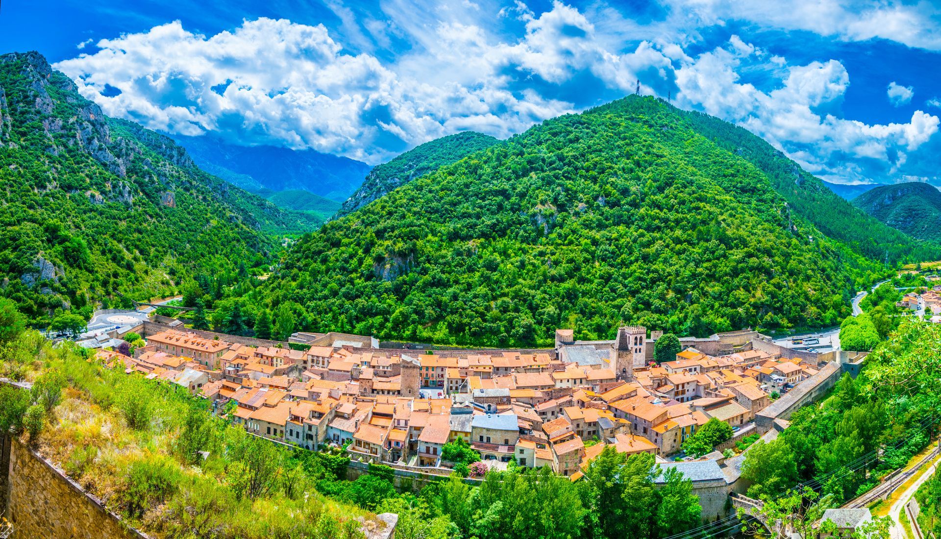 Aerial view of Villefranche de Conflent village in France