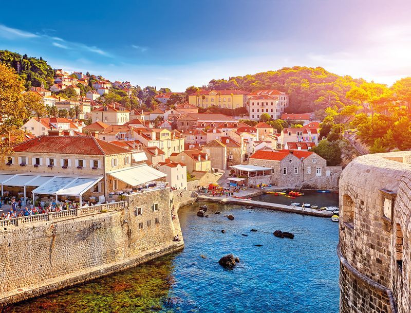 The General view of Dubrovnik - Fortresses Lovrijenac and Bokar seen from south old walls at sunset. Croatia. South Dalmatia.