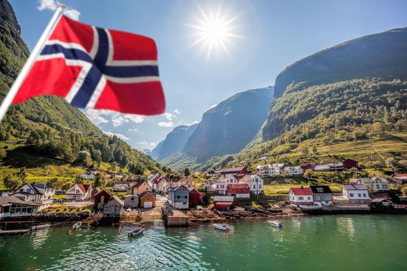 Beautiful Fishing village Undredal against mountain near the Flam in Norway