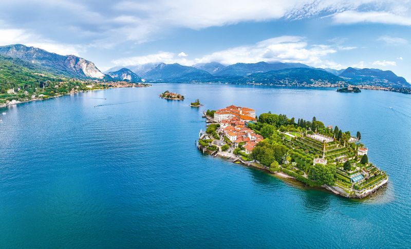Aerial view of Isola Bella, in Isole Borromee archipelago in Lake Maggiore, Italy, Europe