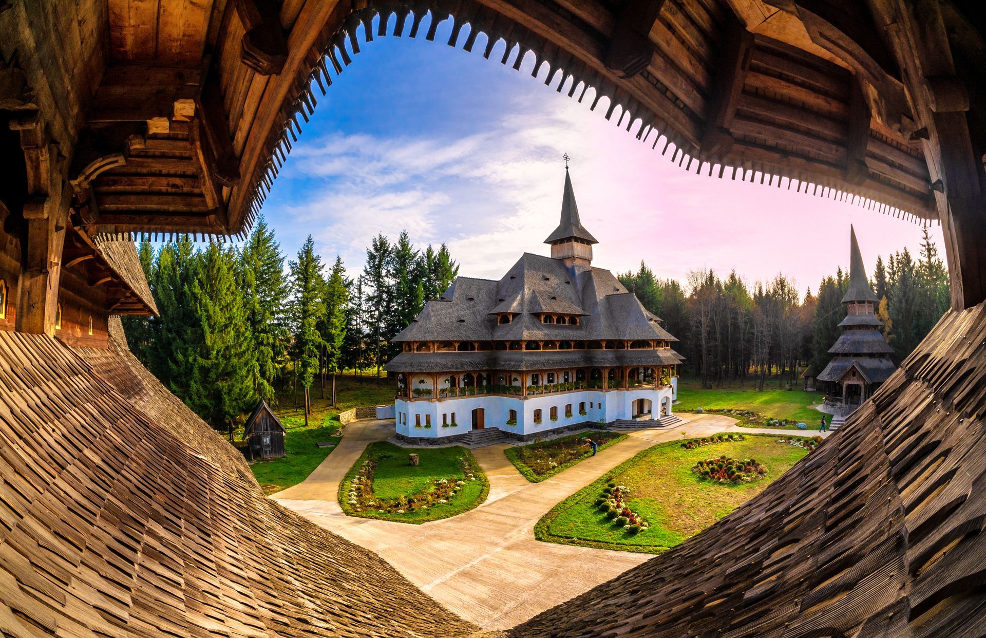 Unique wide view of Barsana monastery, Maramures region of Romania in Europe