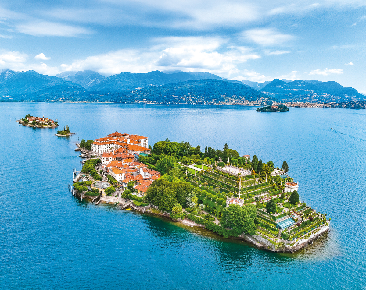 Aerial view of Isola Bella, in Isole Borromee archipelago in Lake Maggiore, Italy, Europe
